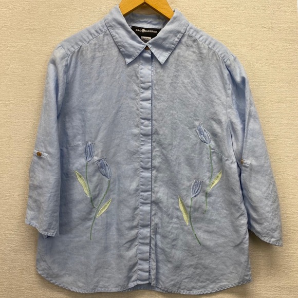 Sag Harbor Womens Blue 100% Linen Floral Embroidered Roll Tab Shirt Large VTG - Picture 3 of 11